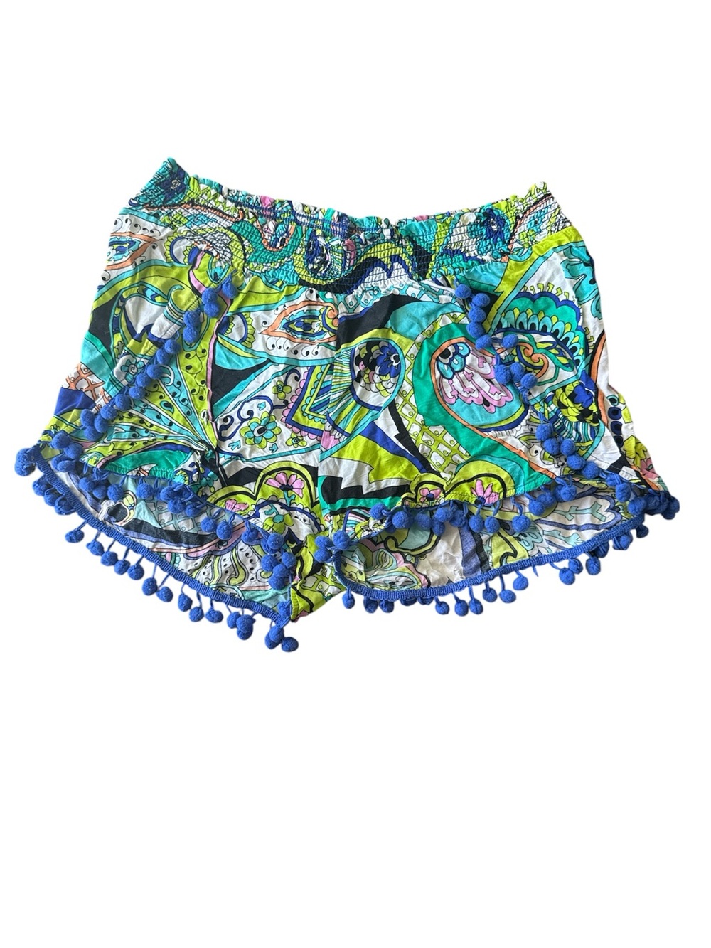 Trina Turk Blue and Green Printed Pom-Pom High Waist Shorts